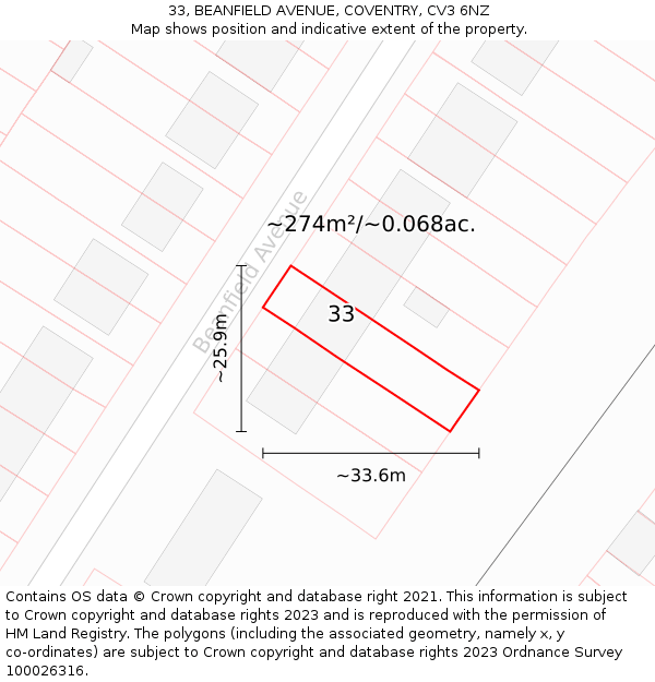 33, BEANFIELD AVENUE, COVENTRY, CV3 6NZ: Plot and title map