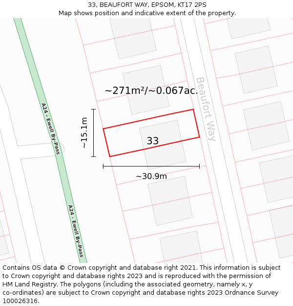 33, BEAUFORT WAY, EPSOM, KT17 2PS: Plot and title map