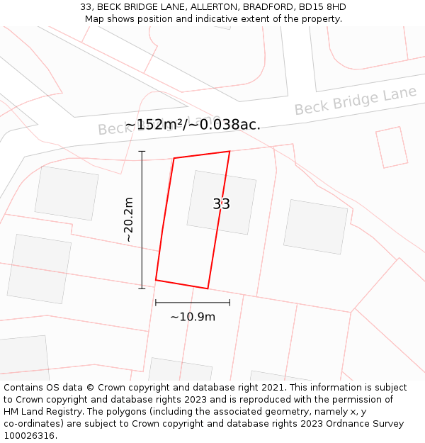 33, BECK BRIDGE LANE, ALLERTON, BRADFORD, BD15 8HD: Plot and title map