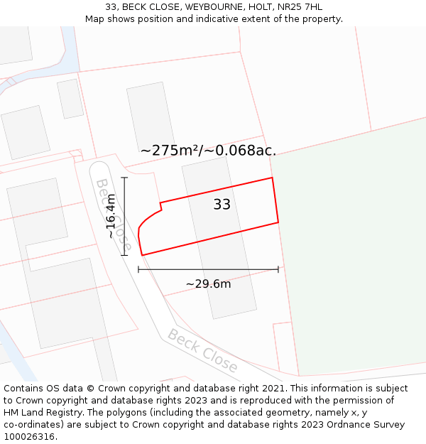 33, BECK CLOSE, WEYBOURNE, HOLT, NR25 7HL: Plot and title map