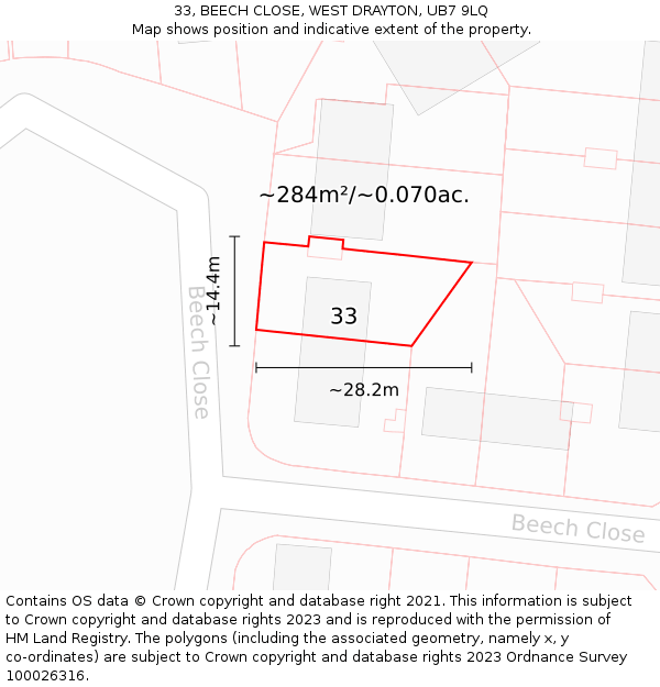 33, BEECH CLOSE, WEST DRAYTON, UB7 9LQ: Plot and title map