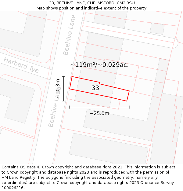 33, BEEHIVE LANE, CHELMSFORD, CM2 9SU: Plot and title map