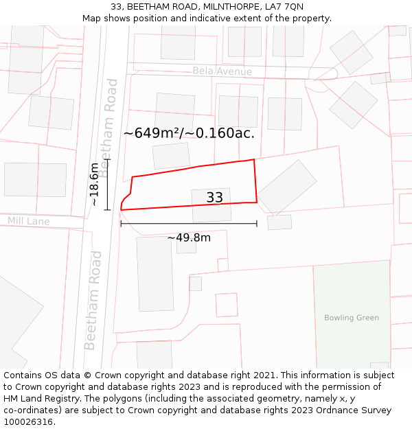 33, BEETHAM ROAD, MILNTHORPE, LA7 7QN: Plot and title map