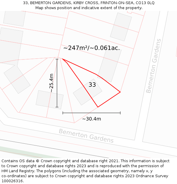 33, BEMERTON GARDENS, KIRBY CROSS, FRINTON-ON-SEA, CO13 0LQ: Plot and title map