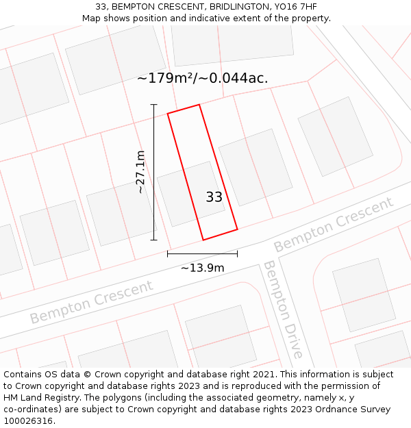 33, BEMPTON CRESCENT, BRIDLINGTON, YO16 7HF: Plot and title map