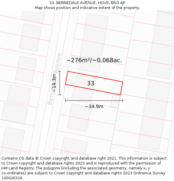 33, BERRIEDALE AVENUE, HOVE, BN3 4JF: Plot and title map