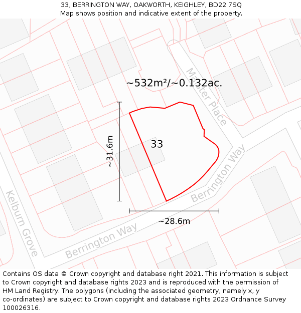 33, BERRINGTON WAY, OAKWORTH, KEIGHLEY, BD22 7SQ: Plot and title map