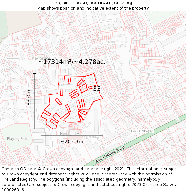 33, BIRCH ROAD, ROCHDALE, OL12 9QJ: Plot and title map