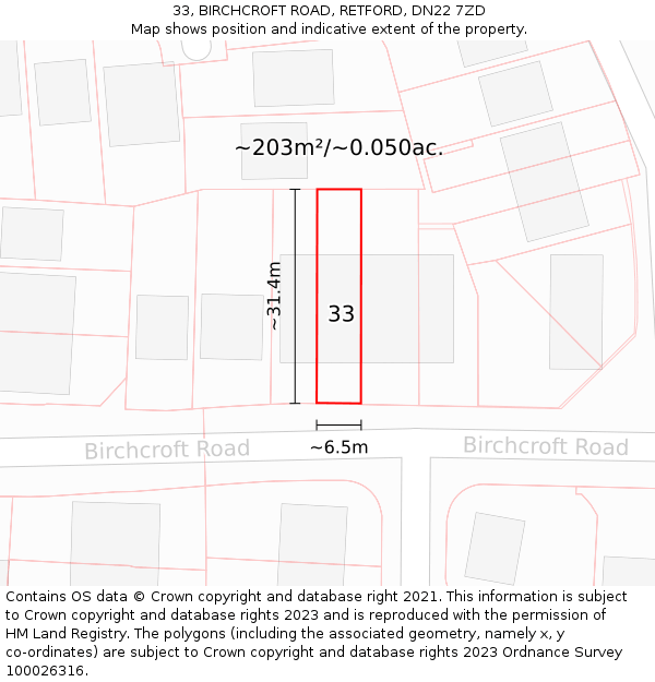 33, BIRCHCROFT ROAD, RETFORD, DN22 7ZD: Plot and title map