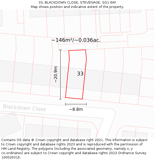 33, BLACKDOWN CLOSE, STEVENAGE, SG1 6AY: Plot and title map