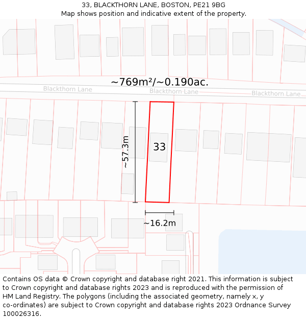 33, BLACKTHORN LANE, BOSTON, PE21 9BG: Plot and title map