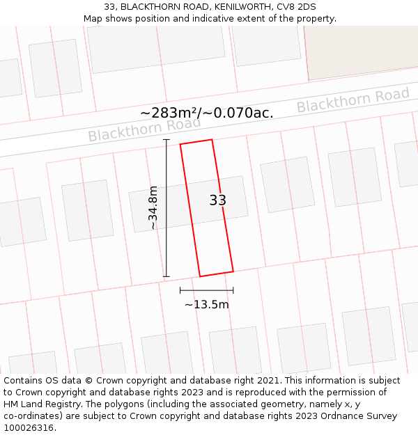 33, BLACKTHORN ROAD, KENILWORTH, CV8 2DS: Plot and title map