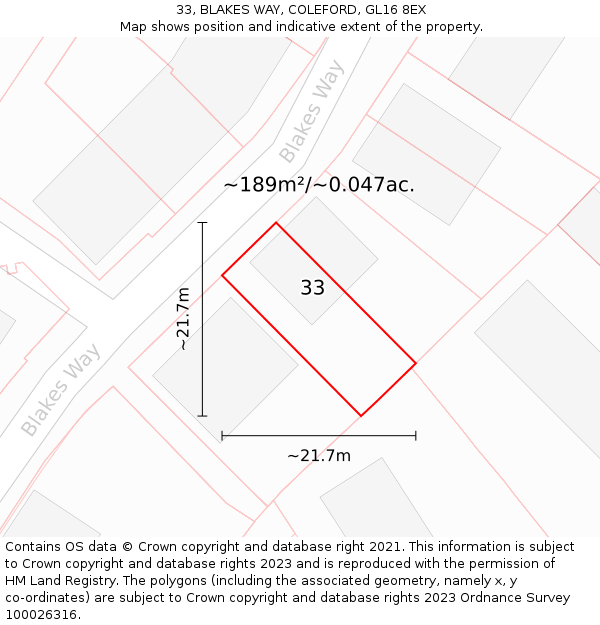 33, BLAKES WAY, COLEFORD, GL16 8EX: Plot and title map