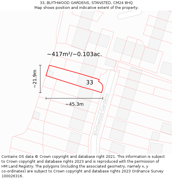 33, BLYTHWOOD GARDENS, STANSTED, CM24 8HQ: Plot and title map