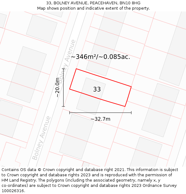 33, BOLNEY AVENUE, PEACEHAVEN, BN10 8HG: Plot and title map