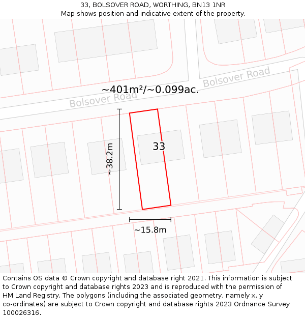 33, BOLSOVER ROAD, WORTHING, BN13 1NR: Plot and title map