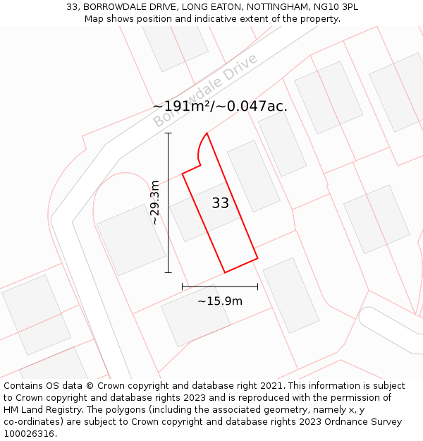 33, BORROWDALE DRIVE, LONG EATON, NOTTINGHAM, NG10 3PL: Plot and title map