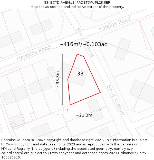 33, BOYD AVENUE, PADSTOW, PL28 8ER: Plot and title map