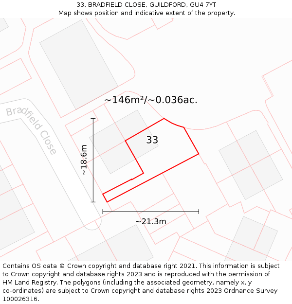 33, BRADFIELD CLOSE, GUILDFORD, GU4 7YT: Plot and title map