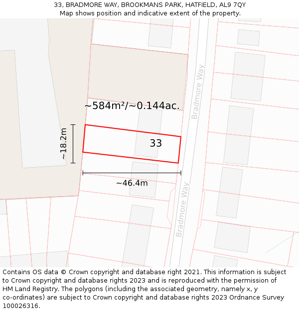 33, BRADMORE WAY, BROOKMANS PARK, HATFIELD, AL9 7QY: Plot and title map