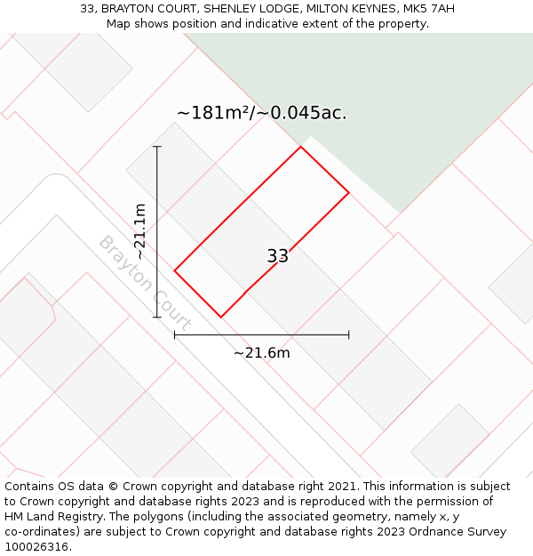 33, BRAYTON COURT, SHENLEY LODGE, MILTON KEYNES, MK5 7AH: Plot and title map