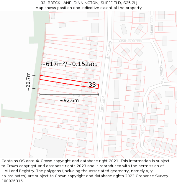 33, BRECK LANE, DINNINGTON, SHEFFIELD, S25 2LJ: Plot and title map