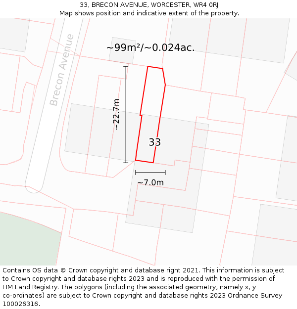 33, BRECON AVENUE, WORCESTER, WR4 0RJ: Plot and title map