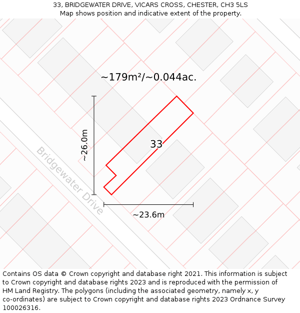 33, BRIDGEWATER DRIVE, VICARS CROSS, CHESTER, CH3 5LS: Plot and title map