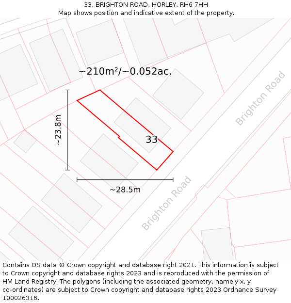 33, BRIGHTON ROAD, HORLEY, RH6 7HH: Plot and title map