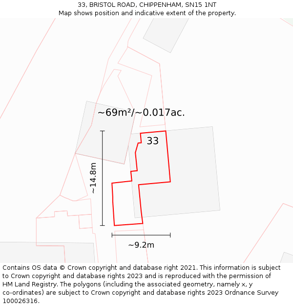 33, BRISTOL ROAD, CHIPPENHAM, SN15 1NT: Plot and title map