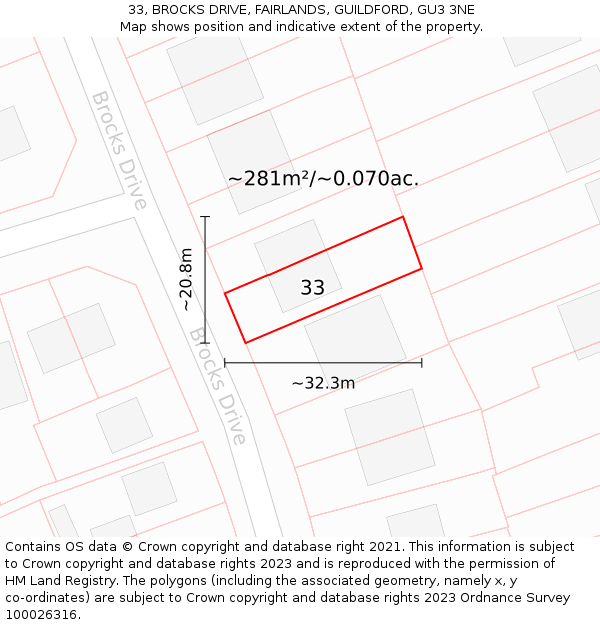 33, BROCKS DRIVE, FAIRLANDS, GUILDFORD, GU3 3NE: Plot and title map