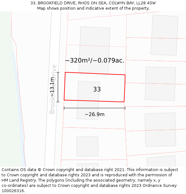 33, BROOKFIELD DRIVE, RHOS ON SEA, COLWYN BAY, LL28 4SW: Plot and title map