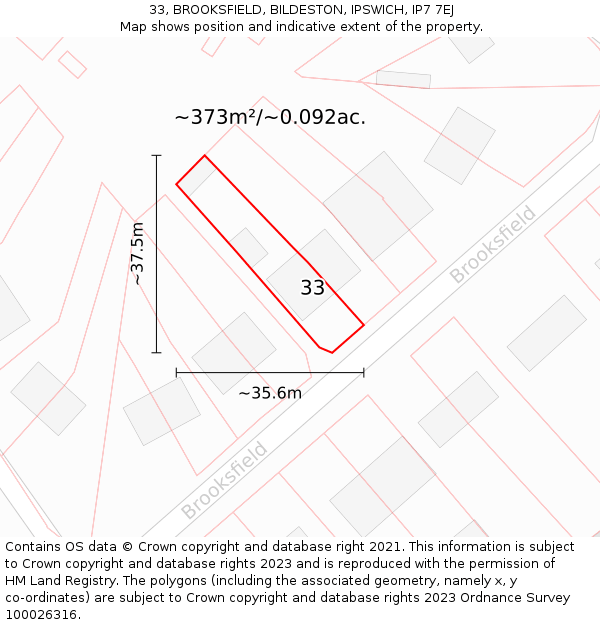 33, BROOKSFIELD, BILDESTON, IPSWICH, IP7 7EJ: Plot and title map