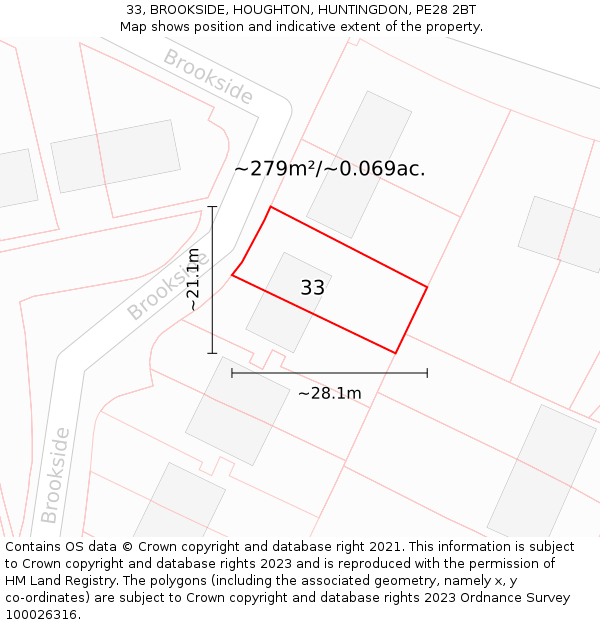 33, BROOKSIDE, HOUGHTON, HUNTINGDON, PE28 2BT: Plot and title map