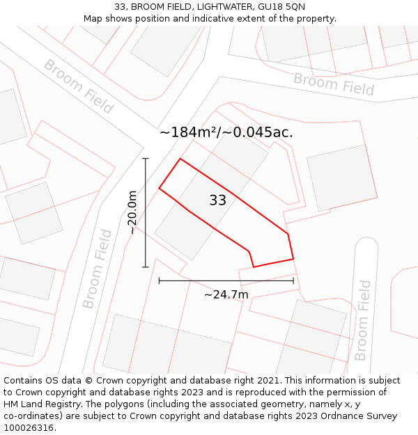 33, BROOM FIELD, LIGHTWATER, GU18 5QN: Plot and title map