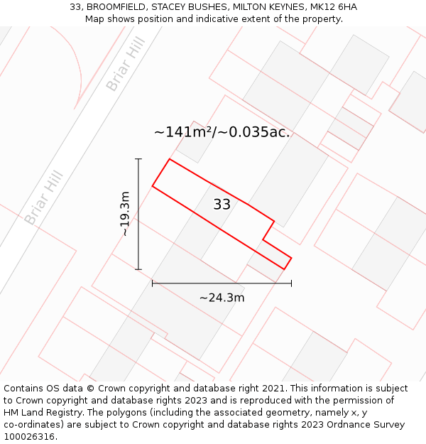 33, BROOMFIELD, STACEY BUSHES, MILTON KEYNES, MK12 6HA: Plot and title map