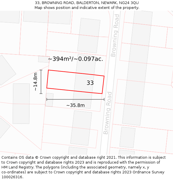 33, BROWNING ROAD, BALDERTON, NEWARK, NG24 3QU: Plot and title map