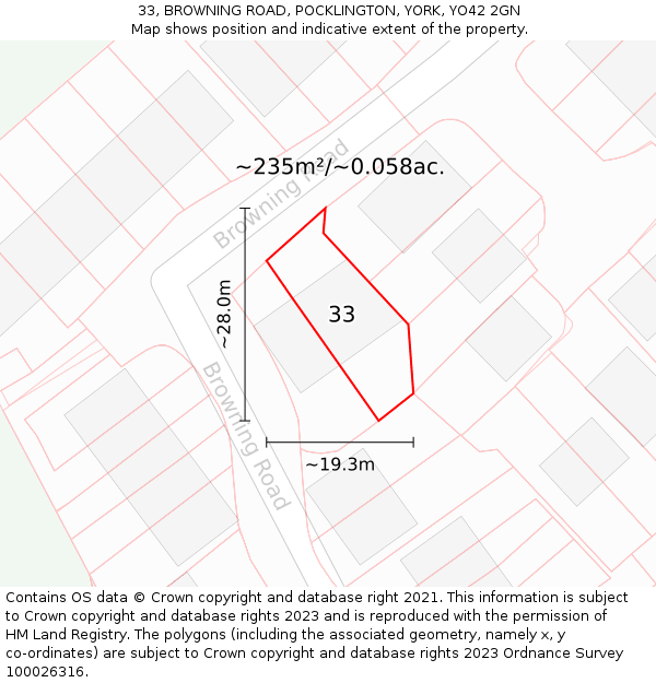 33, BROWNING ROAD, POCKLINGTON, YORK, YO42 2GN: Plot and title map