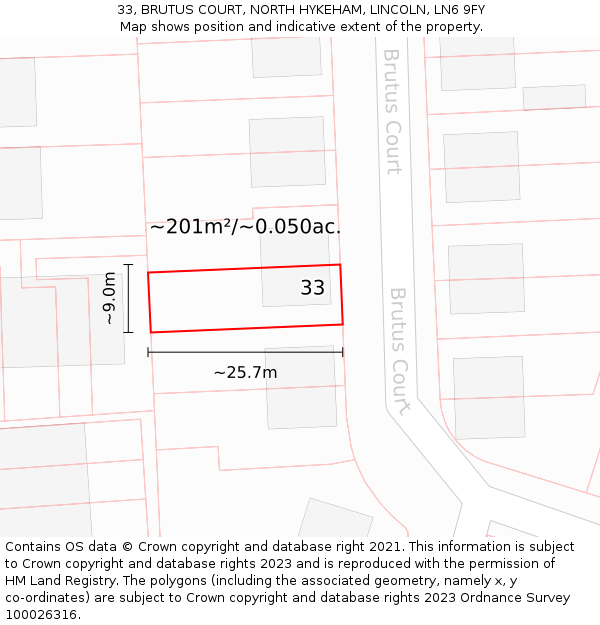 33, BRUTUS COURT, NORTH HYKEHAM, LINCOLN, LN6 9FY: Plot and title map