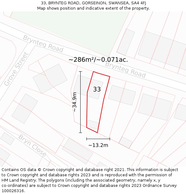 33, BRYNTEG ROAD, GORSEINON, SWANSEA, SA4 4FJ: Plot and title map