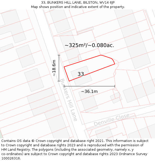 33, BUNKERS HILL LANE, BILSTON, WV14 6JP: Plot and title map