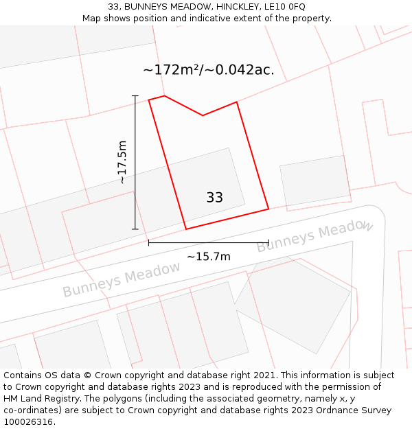 33, BUNNEYS MEADOW, HINCKLEY, LE10 0FQ: Plot and title map