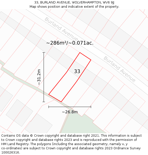 33, BURLAND AVENUE, WOLVERHAMPTON, WV6 9JJ: Plot and title map