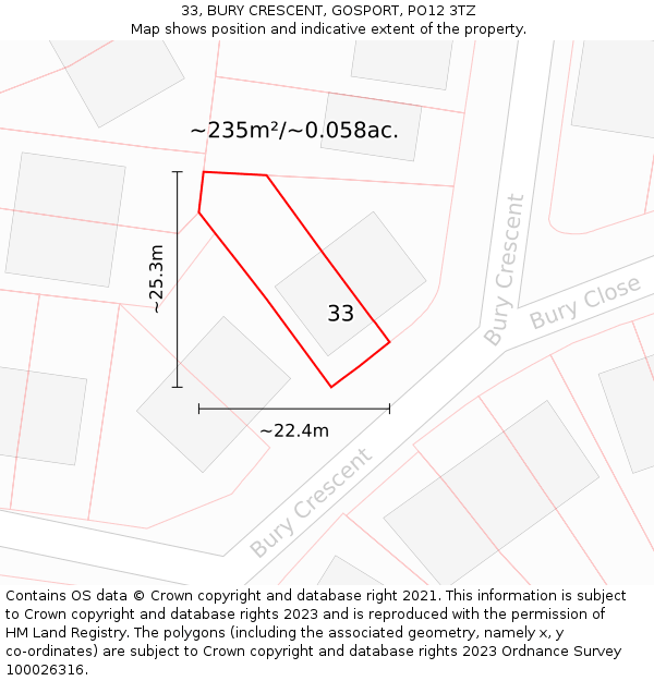 33, BURY CRESCENT, GOSPORT, PO12 3TZ: Plot and title map
