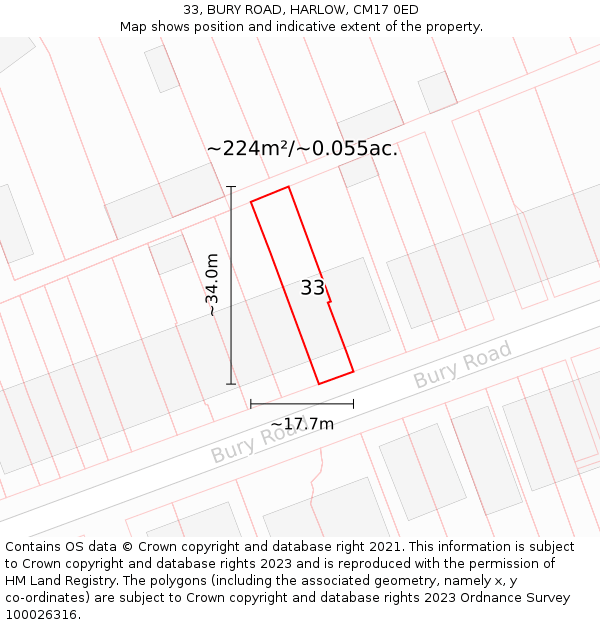 33, BURY ROAD, HARLOW, CM17 0ED: Plot and title map