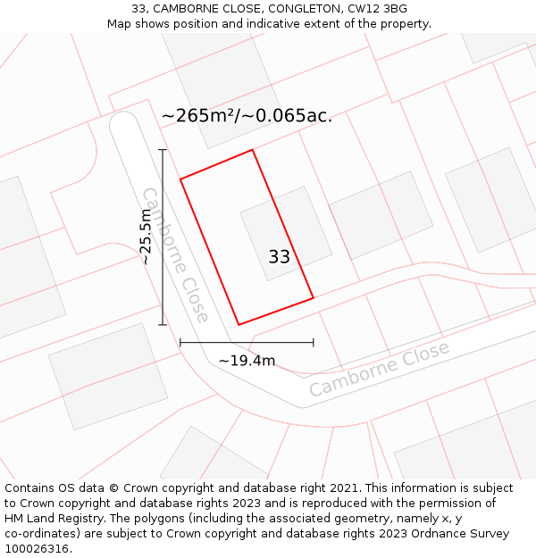 33, CAMBORNE CLOSE, CONGLETON, CW12 3BG: Plot and title map