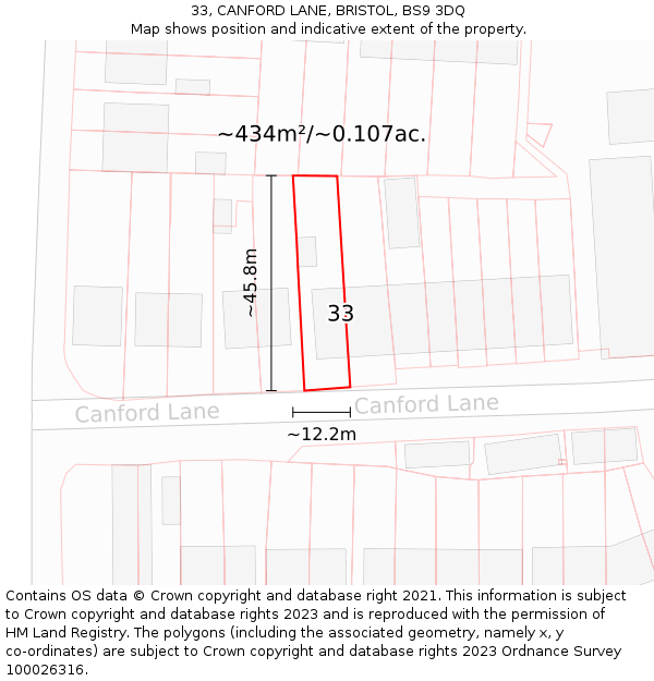 33, CANFORD LANE, BRISTOL, BS9 3DQ: Plot and title map