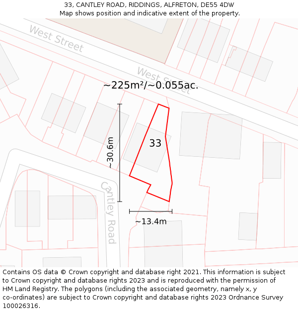 33, CANTLEY ROAD, RIDDINGS, ALFRETON, DE55 4DW: Plot and title map