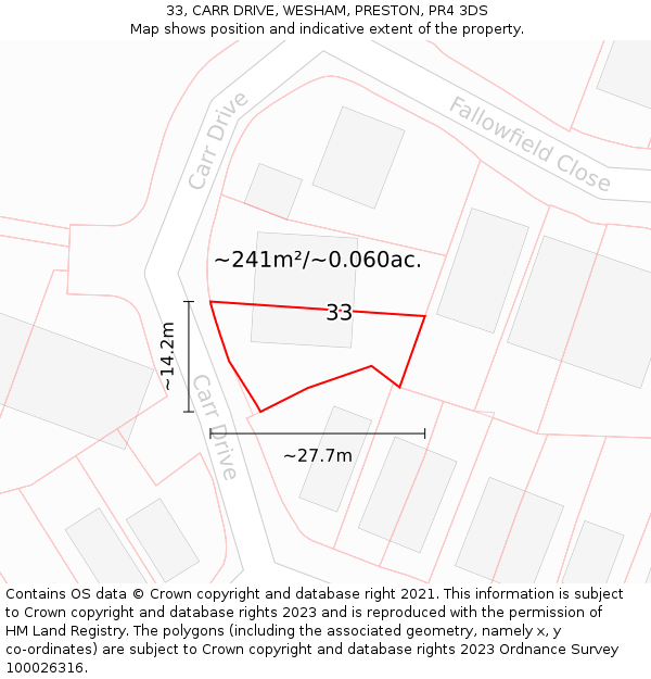 33, CARR DRIVE, WESHAM, PRESTON, PR4 3DS: Plot and title map