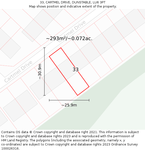 33, CARTMEL DRIVE, DUNSTABLE, LU6 3PT: Plot and title map